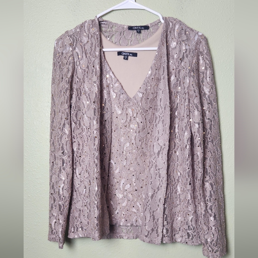 Onyx 2Pc Beige Designer Sequin Formal Set Women's Size Small